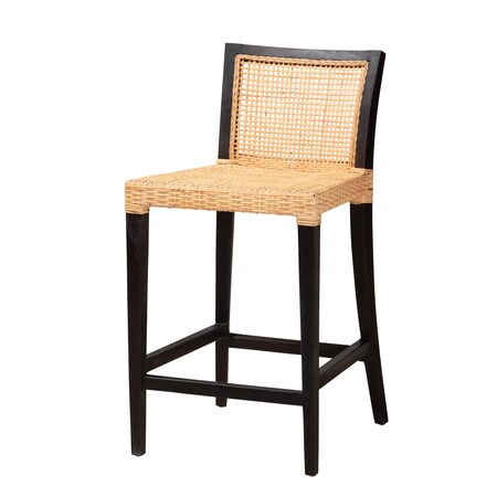 Baxton Studio Lingga Modern Bohemian Dark Brown Mahogany Wood and Natural Rattan Counter Stool 233-13139-ZORO